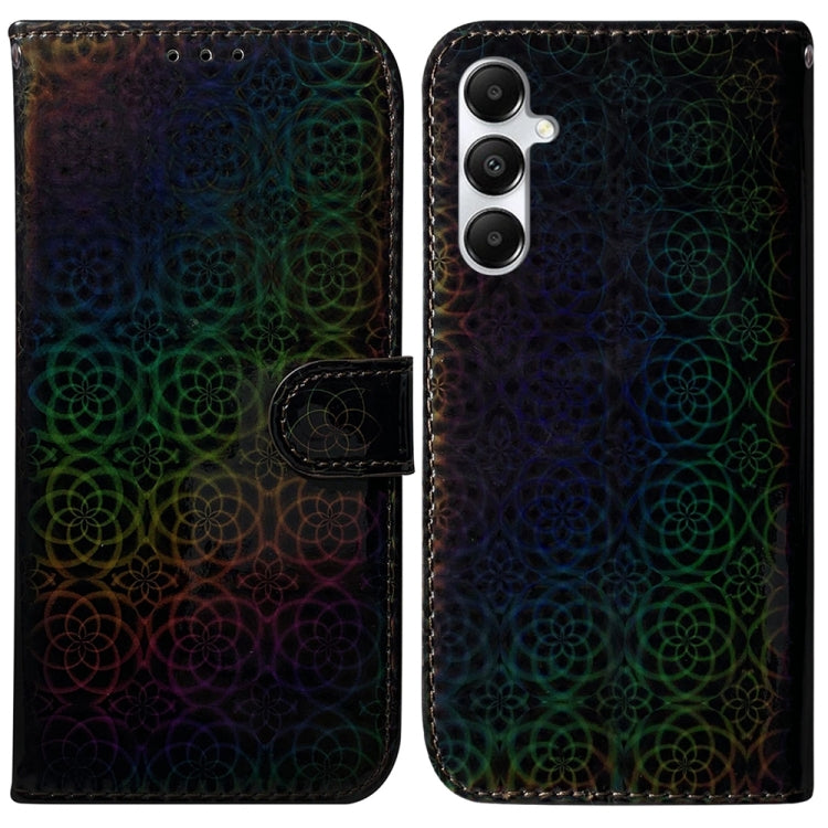 Colorful magnetic buckle leather phone case for Samsung Galaxy A05s, showcasing vibrant colors and a stylish design with card slots and a lanyard.